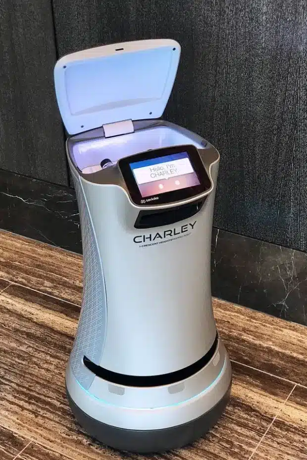 Ten Thousand, a residential tower in Los Angeles, has a robot named Charley that can deliver packages including meals. (Ten Thousand Residences/Courtesy)