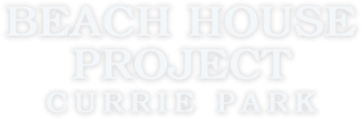 Beach House Project Currie Park logo with bold white letters outlined in dark purple on a transparent/green background.